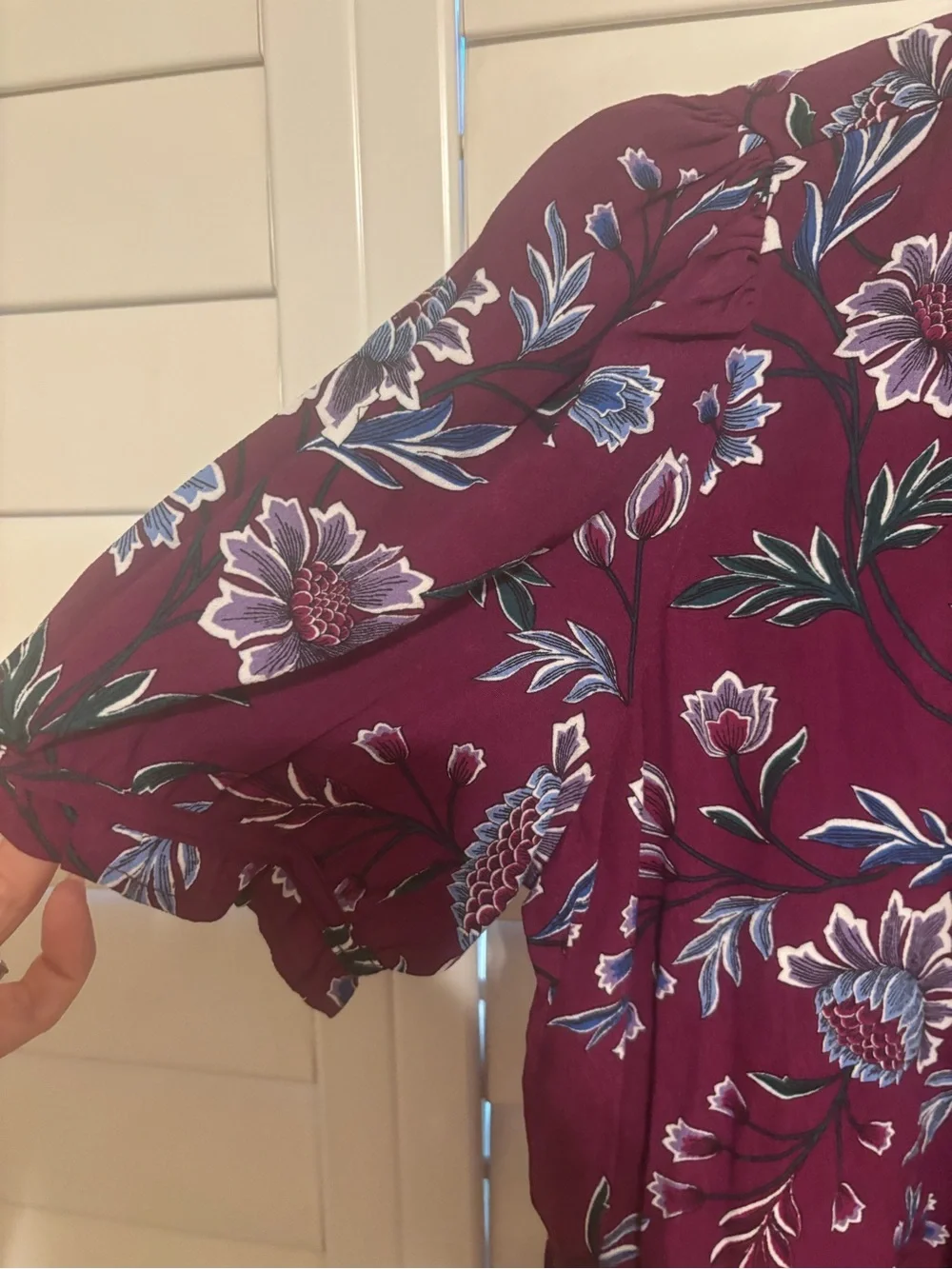 LOFT Plum Floral Ruffle-Neck Blouse